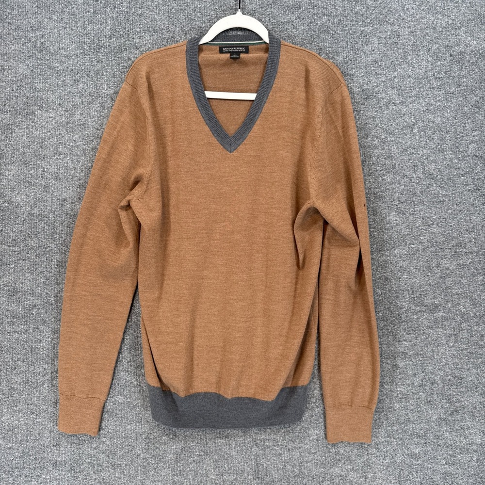 Banana Republic Sweater Mens Large Tall Brown Merino Wool Vneck Slim Fit Trim